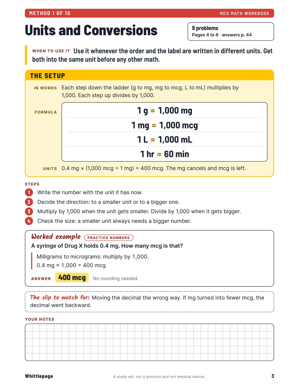 A page from Med Math Workbook